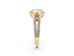 Radiant Cut Diamond Floral Halo Split Shank Engagement Ring Set in Yellow gold with Pavé Shank