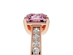 Fancy Pink Princess Cut Diamond Solitaire Ring Set in Rose gold with Milgrain-Edged Pavé Band and Prong Setting