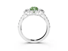 Fancy Green Pear Cut Diamond Three-Stone Ring Set in Platinum with Round Side Stones and Delicate Pavé Band