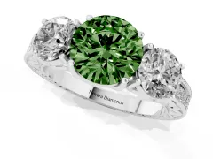 Fancy Green Round Cut Diamond Three-Stone Engagement Ring Set in White gold with Milgrain Pavé Band
