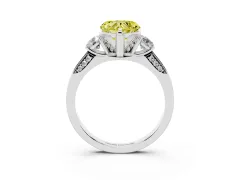Fancy Yellow Heart Cut Diamond Three-Stone Ring Set in White gold with Pavé Band and Smaller Side Stones