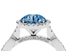 Fancy Blue Round Cut Diamond Halo Twist Band Solitaire Ring Set in White gold with Prong Setting