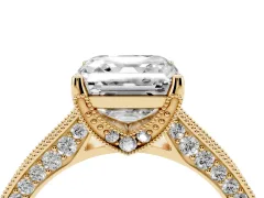 Asscher Cut Diamond Solitaire Ring Set in Yellow gold with Milgrain-Edged Pavé Band and Prong Setting