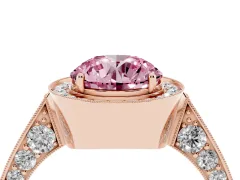 Fancy Pink Round Cut Diamond Halo Engagement Ring Set in Rose gold with Accent Split Shank Band