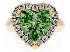 Fancy Green Heart Cut Diamond Halo Solitaire Engagement Ring Set in Yellow gold with Square Band and Prong Setting