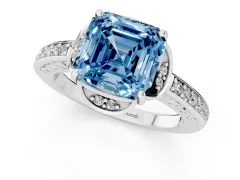 Fancy Blue Asscher Cut Diamond Halo Ring Set in Platinum with Channel Set Band and Prong Setting