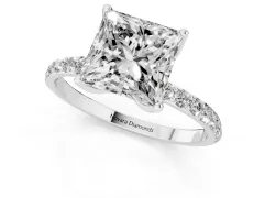 Princess Cut Diamond Solitaire Engagement Ring Set in Platinum with Round Pavé Band and Prong Setting