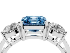 Fancy Blue Asscher Cut Diamond Three-Stone Ring Set in Silver with Round Side Stones and Classic Band