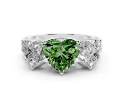 Fancy Green Heart Cut Diamond Three-Stone Ring Set in White gold with Textured Band