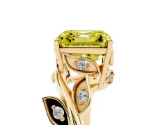 Fancy Yellow Asscher Cut Diamond Solitaire Twist Engagement Ring Set in Yellow gold with Pavé Leaf Accents