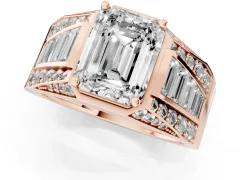 Emerald Cut Diamond Mens Ring Set in Rose gold with Baguette and Round Side Stones