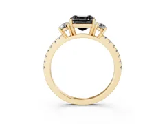 Fancy Black Asscher Cut Diamond Three-Stone Ring Set in Yellow gold with Pavé Band and Graduated Sides