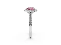 Fancy Pink Heart Cut Diamond Pavé Halo Engagement Ring Set in White gold with Pavé Band and Prong Setting