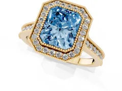 Fancy Blue Radiant Cut Diamond Halo Milgrain Pavé Band Ring Set in Yellow gold with Prong Setting