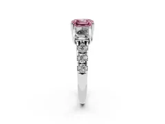 Fancy Pink Asscher Cut Diamond Three-Stone Ring Set in White gold with Pavé Band