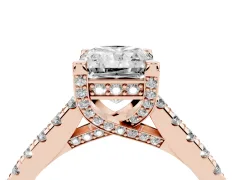 Radiant Cut Diamond Solitaire Ring Set in Rose gold with Brilliant Pavé Band and Prong Setting