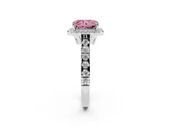 Fancy Pink Radiant Cut Diamond Halo Engagement Ring Set in White gold with Pavé Band and Prong-Set Center