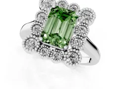 Fancy Green Emerald Cut Diamond Cluster Halo Ring Set in White gold with Milgrain Bezel Accents and Plain Band