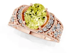 Fancy Yellow Oval Cut Diamond Milgrain Halo Pavé Engagement Ring Set in Rose gold with Prong Setting