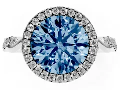 Fancy Blue Round Cut Diamond Halo Twist Band Solitaire Ring Set in White gold with Prong Setting