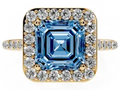 Fancy Blue Asscher Cut Diamond Halo Engagement Ring Set in Yellow gold with Round Pavé Shoulders and Heart Gallery