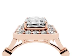 Radiant Cut Diamond Halo Engagement Ring Set in Rose gold with Twisted Band and Prong Setting