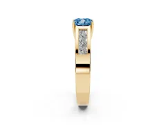 Fancy Blue Cushion Cut Diamond Solitaire Ring Set in Yellow gold with Channel-Set Accent Stones and Prong Setting
