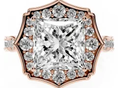 Princess Cut Diamond Halo Engagement Ring Set in Rose gold with Milgrain Band and Prong Setting