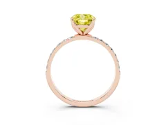 Fancy Yellow Cushion Cut Diamond Solitaire Engagement Ring Set in Rose gold with Round Pavé Band and Prong Setting