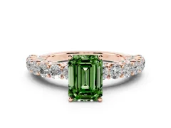 Fancy Green Emerald Cut Diamond Solitaire Ring Set in Rose gold with Shared Prong Pavé Band