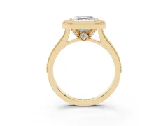 Asscher Cut Diamond Halo Milgrain Pavé Band Ring Set in Yellow gold with Prong Setting