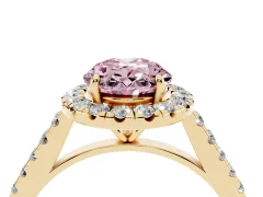 Fancy Pink Oval Cut Diamond Halo Pavé Engagement Ring Set in Yellow gold with Prong Setting