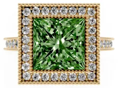 Fancy Green Princess Cut Diamond Halo Milgrain Pavé Band Ring Set in Yellow gold with Prong Setting