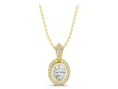 Oval Diamond Halo Pendant Set in Yellow gold with Pavé-Set Frame