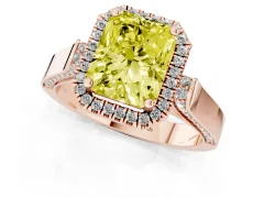 Fancy Yellow Radiant Cut Diamond Halo Ring Set in Rose gold with Pavé-Lined Split Shank Band