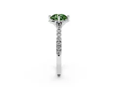 Fancy Green Round Cut Diamond Solitaire Ring Set in Platinum with Pavé Band and Floral Prong Setting