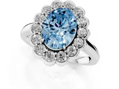 Fancy Blue Oval Cut Diamond Halo Cluster Engagement Ring Set in Silver with Solitaire Band and Prong Setting
