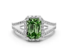 Fancy Green Emerald Cut Diamond Halo Split Shank Pavé Ring Set in Platinum with Prong Setting