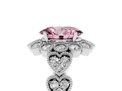 Fancy Pink Oval Cut Diamond Solitaire Ring Set in Platinum with Milgrain Pavé Heart Band