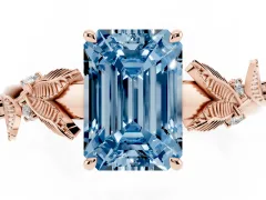 Fancy Blue Emerald Cut Diamond Solitaire Ring Set in Rose gold with Leaf Motif Band