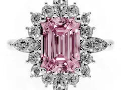 Fancy Pink Emerald Cut Diamond Cluster Halo Ring Set in White gold with Marquise and Round Accents