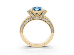 Fancy Blue Cushion Cut Diamond Milgrain Halo Pavé Engagement Ring Set in Yellow gold with Prong Setting