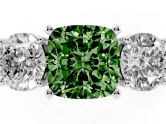 Fancy Green Cushion Cut Diamond Three-Stone Ring Set in Platinum with Round Side Stones and Classic Band