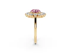 Fancy Pink Round Cut Diamond Floral Double Halo Ring Set in Yellow gold with Round Petals