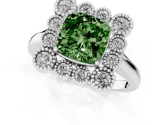 Fancy Green Cushion Cut Diamond Cluster Halo Ring Set in Platinum with Milgrain Bezel Accents and Plain Band