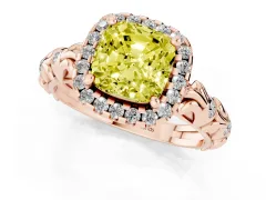 Fancy Yellow Cushion Cut Diamond Halo Ring Set in Rose gold with Filigree Leaf Band and Prong Setting