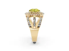 Fancy Yellow Oval Cut Diamond Double Halo Ring Set in Yellow gold with Round Pavé Split Shank
