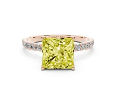 Fancy Yellow Princess Cut Diamond Solitaire Engagement Ring Set in Rose gold with Round Pavé Band and Prong Setting