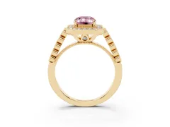 Fancy Pink Emerald Cut Diamond Milgrain Halo Solitaire Ring Set in Yellow gold with Bezel Set Side Stones and Pavé Band