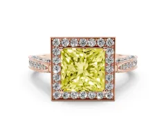 Fancy Yellow Princess Cut Diamond Halo Engagement Ring Set in Rose gold with Accent Split Shank Band